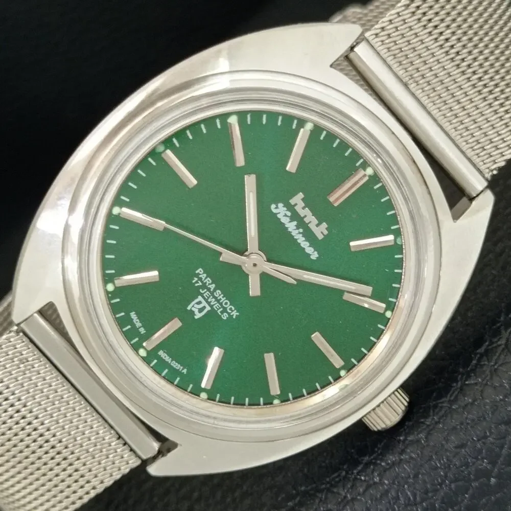 Vintage 1988 HMT Manual Wound Mens Silver Watch & Green accents